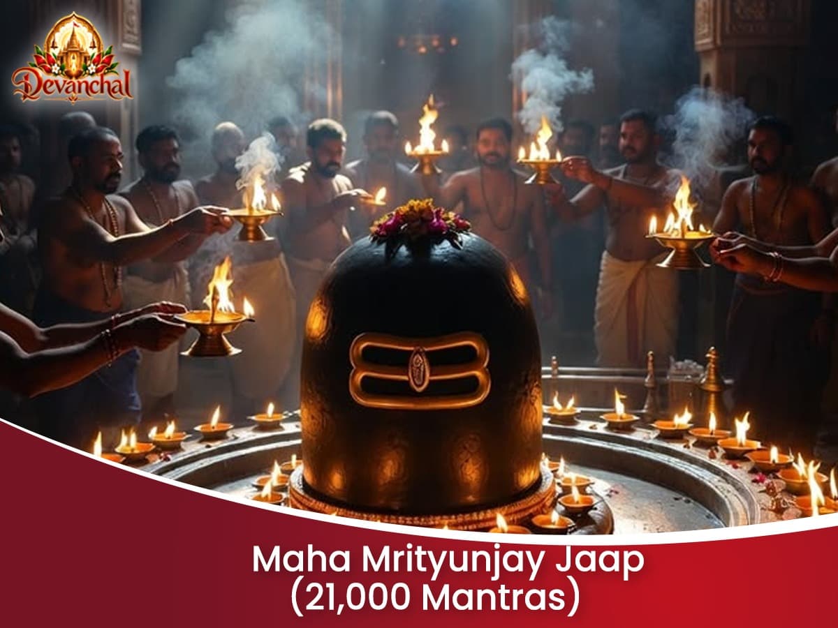 Priests conducting a pooja around a sacred fire in a temple